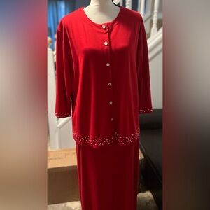 Women Vintage Candy Apple Red Knit Stretch Skirt Suit sz X-Large